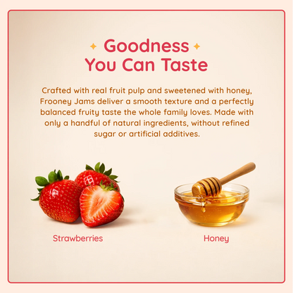Jar of Frooney strawberry jam with strawberries and honey on a wooden surface